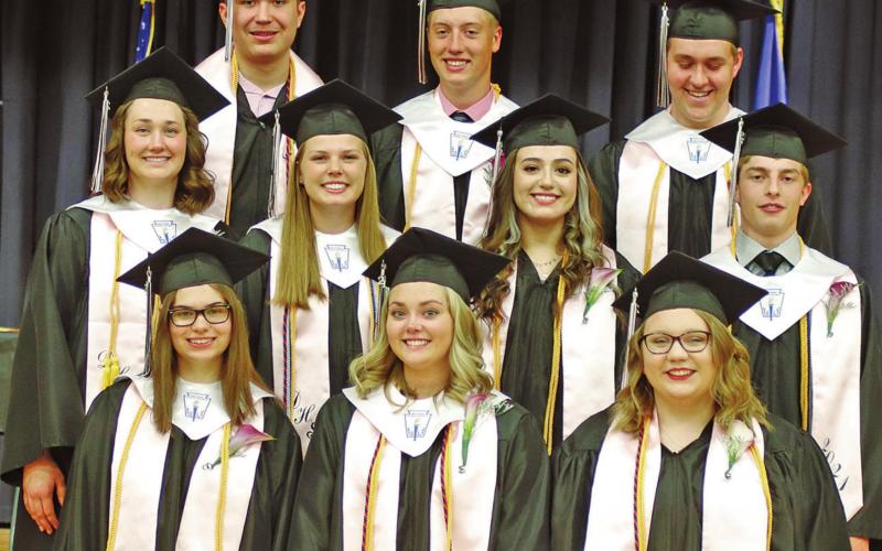 Drayton High School Graduating class of 2021. Pictured from left to right front row: Victoria Stevens, Aliyah Bartels, and Emma Barta. Middle row: Madison Hermanson, Kasey Stegman, Leslie Pena, and Samuel Johnson. Back row: Gage Pollesta, Damian Pokrzywiniski, and Noah Hanson. VNV Photo by Lyle Van Camp