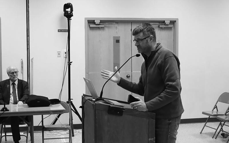 Josh Dukart, a rancher in Oliver County, testifies to lawmakers about his mixed experience with infrastructure companies on his family’s land during a Feb. 26 meeting of the interim Energy Development and Transmission Committee. Photo by Jacob Orledge/North Dakota Monitor