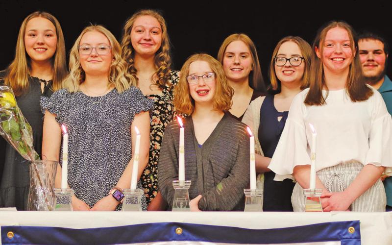 Members of the National Honor Society pictured left to right: Hailey Berg, MacKenzie Guss, Kayli Staskivige, Siobhan Kissee, Kiara Aasand, Jordie Praska, Kelsi Staskivige, and Bradin Dalzell. VNV Photo by Lesa Van Camp