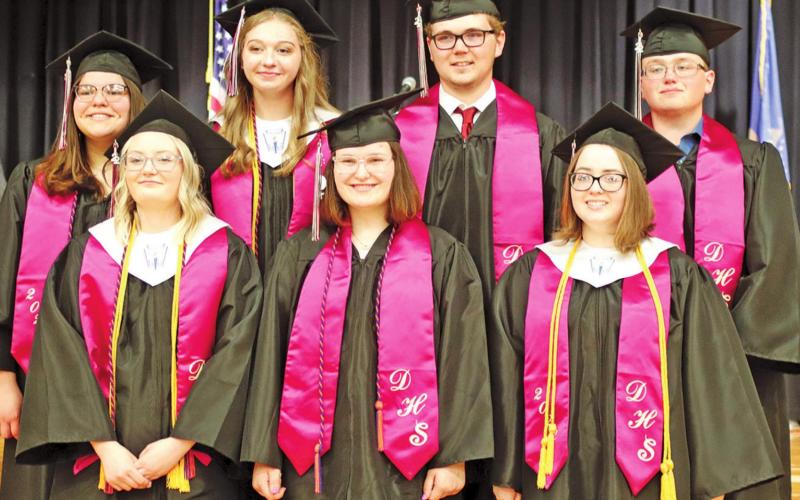 Introducing the Drayton High School graduating class of 2022. Front Row l to r: Mackenzie Guss, Ariaunna Larocque, and Jordie Praska. Back Row: Aaliyah Lorenzen, Kayli Staskivige, Nicholas VanCamp, and Cole Wilson. VNV Photo by Lesa Van Camp