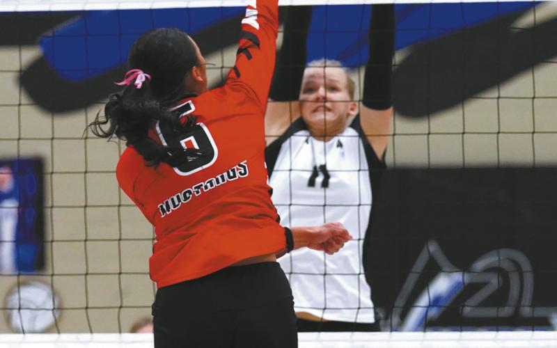 Alyssa Hoyles blocks the ball from Mustangs' junior Mia Villanueva. Photo by Larry Stokke.