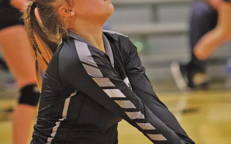 Claire Thompson keeps her eye on the ball as she prepares to bump it Monday night against the Wildcats. VNV photo by Lesa Van Camp