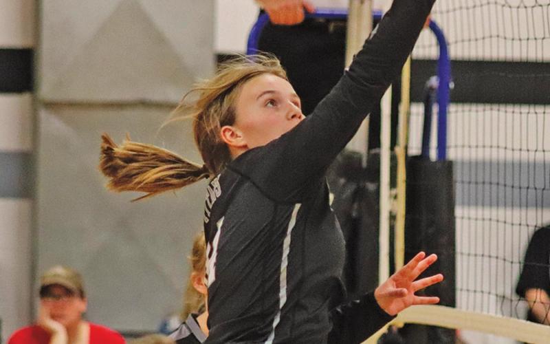 Aleah Pokrzywinski spikes the ball over the net in the matchup with Benson County. VNV photo by Lesa Van Camp
