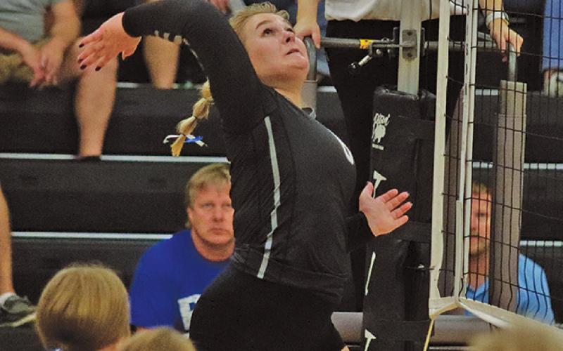 Ella Kittelson goes up for the kill against the Burros last Thursday night. VNV Photo by Lesa Van Camp