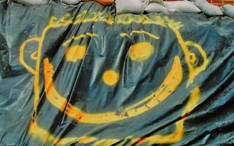 Some cheery artwork was added to the plywood dyke in front of the Polar Communications building in this look back at 1997. VNV Photo by Lyle Van Camp