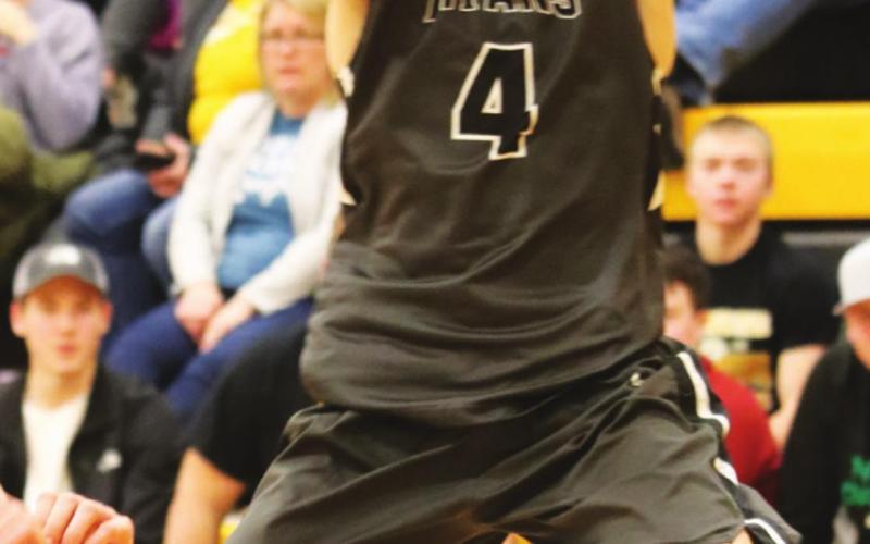 Everett Fedje goes up with a two point attempt in action at Park River. VNV photo by Lyle Van Camp