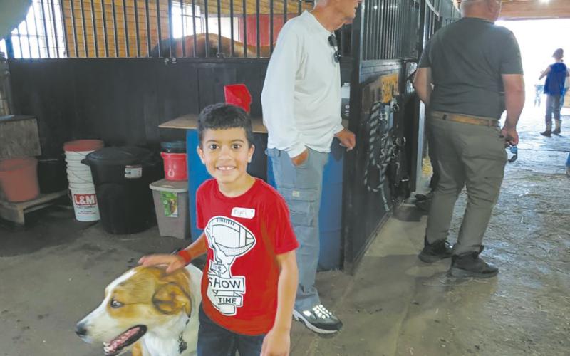 Elijah De Sousa finds a new friend in Timber at Blazin’ Saddles Club. Clint Van Camp and Mark Tungseth are in the background observing horses being saddled. Submitted photo