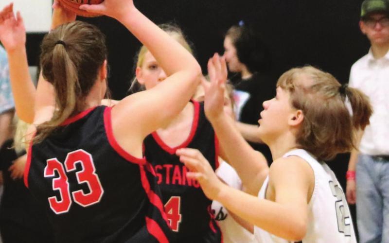 Alyssa Hoyles puts some pressure on the Mustangs in action at Edinburg last week. Photo provided by Drayton Public School - Darla Hoyles