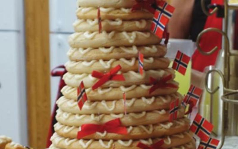 This Norwegion wedding cake was one of the featured dessert items at Skjeberg Lutheran Church on Saturday evening. VNV photo by Lyle Van Camp.