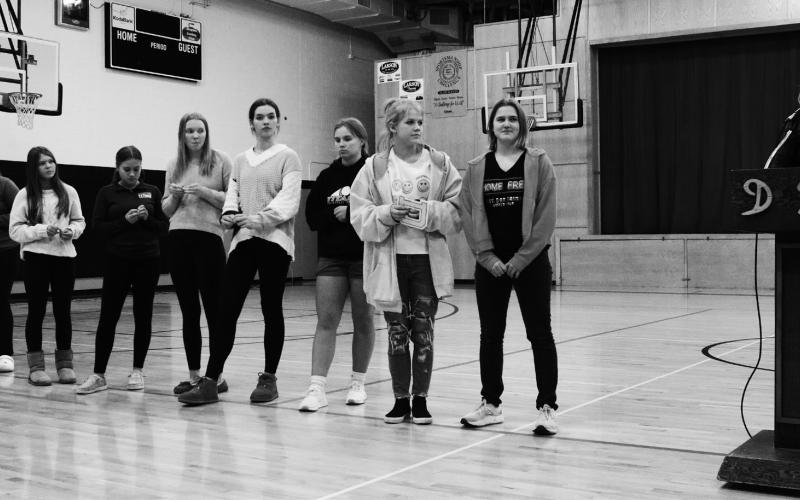Volleyball, from left to right: Kiara Aasand, Isabella Douville, Brooke Gullickson, Claire Thompson, Easton Larson, Elizabeth Fedje, Aleah Pokrzywinski, Alyssa Hoyles, Greta Burrell, Coach Fedje. Photo by Lyle Van Camp.