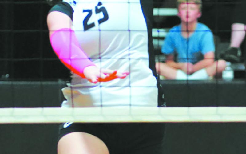 DVE senior Christine O'Toole extends for the spike. Photo by Larry Stokke.