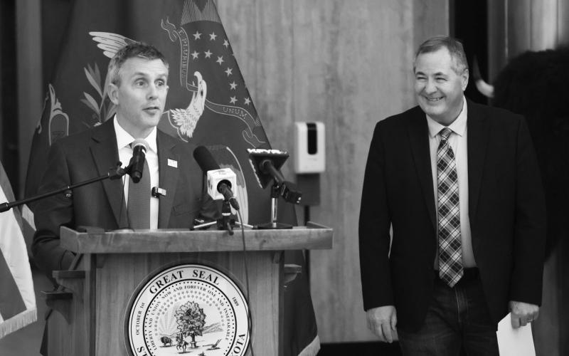 Gov. Kelly Armstrong, left, announces the Governor’s Legacy Soil Health and Habitat Program on Jan. 29, 2026, with Agriculture Commissioner Doug Goehring. (Photo by Jacob Orledge/North Dakota Monitor)