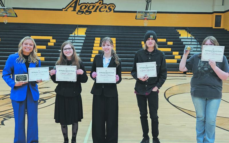 All-Region Team: Ava Olson, Senior Speaker of the Year (Hatton-Northwood), Vangie Larson (Grafton), Charlie Johnson (Hillsboro), Ayden Hjelmstad (Hillsboro), and a stand-in for Jacob McClenahan (May Port CG) as he was unable to be present for the awards. Photo by Jamie Rarick