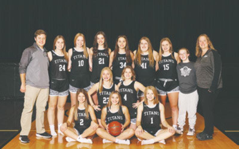 Top row standing from left to right: Coach Daniel Biggers, Kiara Aasand, Easton Larson, Elizabeth Fedje, Hailey Berg, Isabella Douville, Aleah Pokrzywinski, Siobhan Kissee, and coach Andrea Douville. Middle row from left to right: Reese Fering, Greta Burrell. Front row from left to right: Brooke Gullickson, Jacey Nelson, Alyssa Hoyles. Photo by Nicki Smith at Captivate Portraits in Cavalier