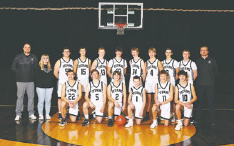 Top row standing from left to right: Coach Blake Laxal, manager Myah Jensen, Jonathan Dusek, Jayse Gullickson, Connor Hurtt, Everett Fedje, Jack Langerud, Charles Kittelson, Calvin Otto, Cayden Quibell, and coach Jacob Larson. Front row from left to right: Isaac Feltman, Killian Burrell, Logan Wieler, Drew Passa, Quinn Passa, Brady Reilly. Photo by Nicki Smith at Captivate Portraits in Cavalier.