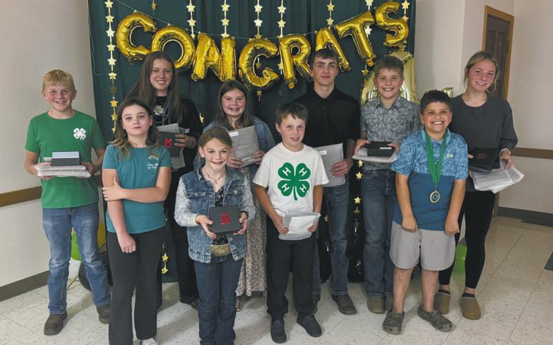 Livestock Fair Awards. Back: Spencer Berg, Gracee Thorlakson, Nora Ramsay, Wyatt Larson, Cain Furstenau, Colbie Furstenau; Front: Olive Moore, Peyton Samuelson, Weston Vaughn, Cole Furstenau. Submitted photo.