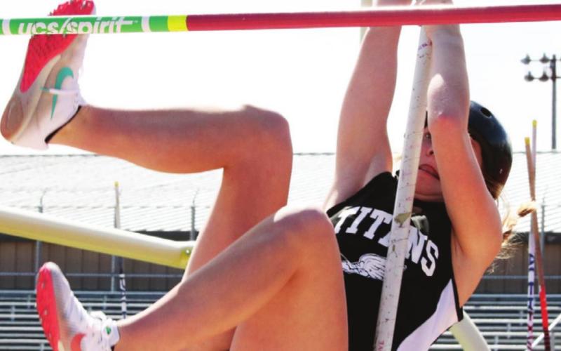 Easton Larson concentrates as she clears the bar in the pole vault Monday afternoon May 23rd. VNV photo by Lyle Van Camp
