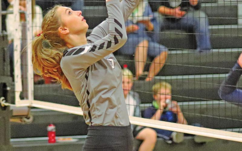 Chloe Gemmill goes up for the kill against the Patriots in Drayton. VNV Photo by Lesa Van Camp