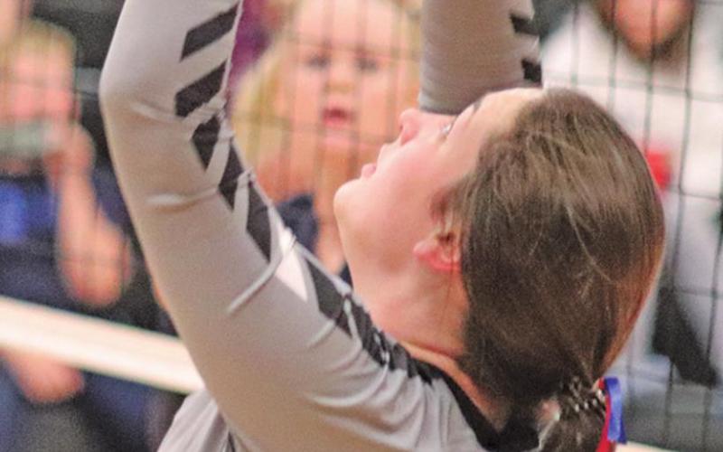 Madison Hermanson sets the ball for a teammate against the Patriots. VNV Photo by Lesa Van Camp