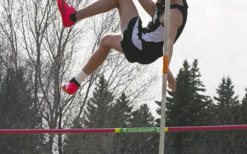 Harley Hilde pulls off a 10 foot vault at the Langdon Invitational. Photo by Larry Stokke.