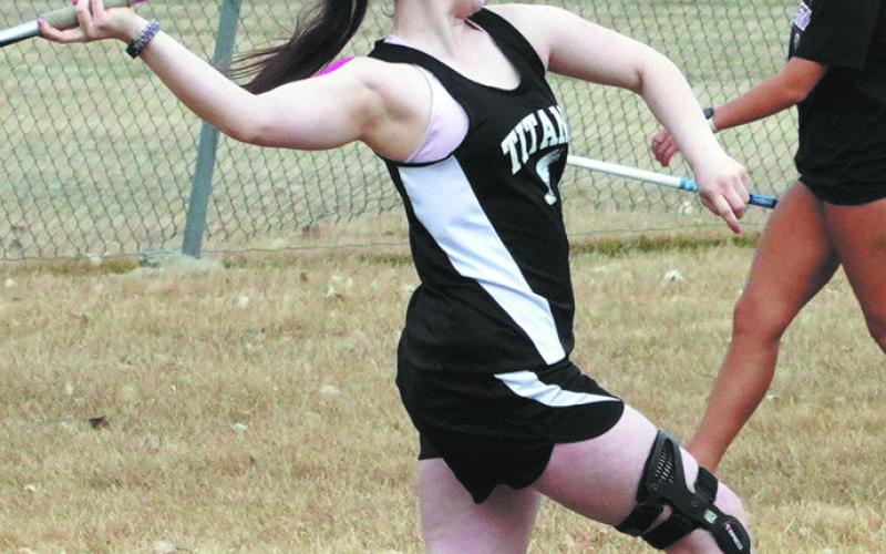 Hannah Myrdal at the Langdon Invitational set her javelin to flight for over 74 feet. Photo by Larry Stokke