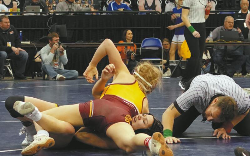 Drayton senior Alyssa Hoyles scores a nearfall against her opponent last week in Fargo. Photo by Larry Stokke