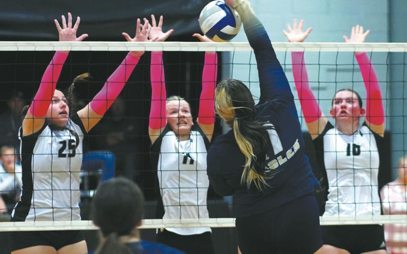 DVE seniors Christine O’Toole, Alyssa Hoyles and junior Ingrid Myrdal leap for the block against North Border senior Jaelyn Forrey. Photo by Larry Stokke.