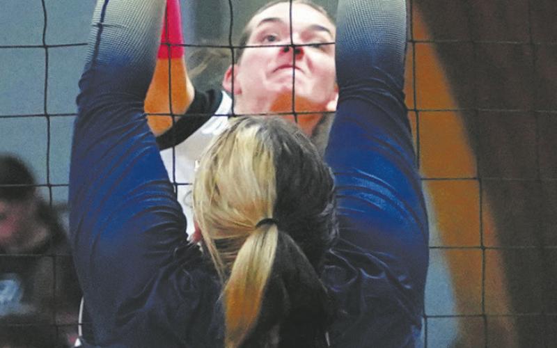 DVE senior Elizabeth Fedji spikes the ball for a point against North Border. Photo by Larry Stokke