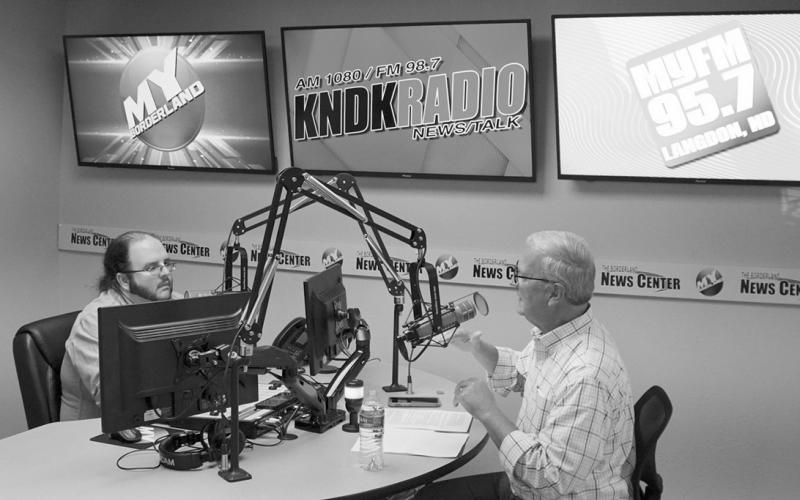 Senator Cramer being interviewed by Nick Vorlage at Simmons Multimedia Headquarters. Photo by Larry Stokke.
