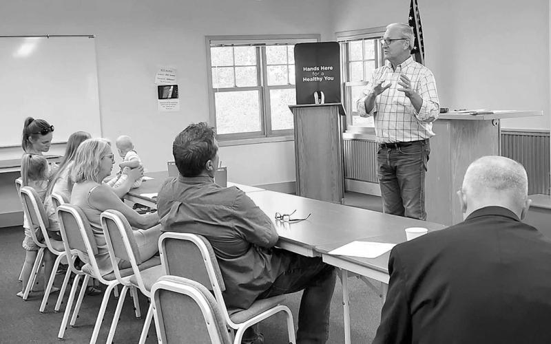 Senator Cramer speaking to the Farm Bureau group at the Langdon Research Extension Center. Photo by Hilary Nowatzki.