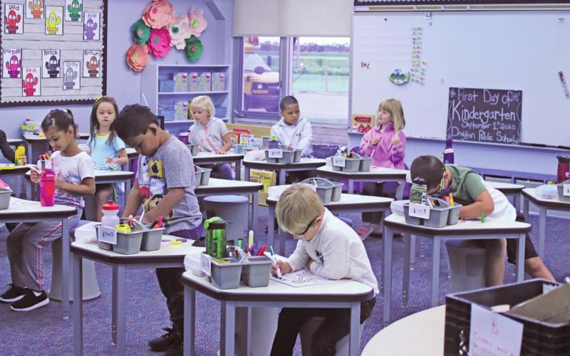 Mrs. Rebekah Schumacher’s Kindergarten class is seated at their desks and ready for the school day to start on Tuesday morning. VNV Photo by Lesa Van Camp