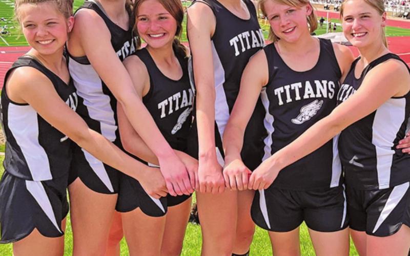 Pictured left to right is the girls 4 x 400 relay team with their alternates: Brooke Gullickson, Easton Larson, Jayce Nelson, Elizabeth Fedje, Alyssa Hoyles, and Greta Burrell. Photo provided by Drayton Public School