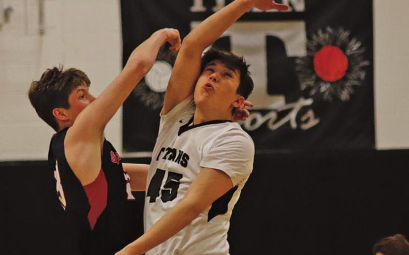 Gage Pollestad opens Saturday afternoons game against Finley Sharon Hope Page with the jump ball. VNV Photo by Lesa Van Camp