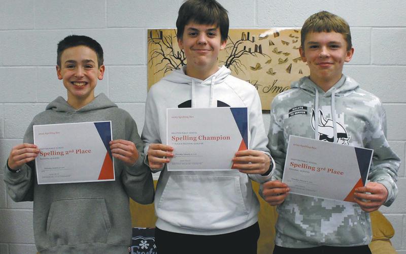 Spelling Bee winners: (L to R) Rylan Nord- 2nd Place, Gavin Cole Champion, Shawn Patterson- 3rd Place Photo by Jamie Rarick