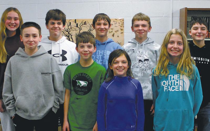 Spelling Bee contestants: (Back row L to R) Reegan Aasand, Gavin Cole, Braden Berg, Shawn Patterson, Levi Detwiler (Front Row L to R) Rylan Nord, Nicholas Passa, LeAnn Borgen, Ruthie Rarick Photo by Jamie Rarick