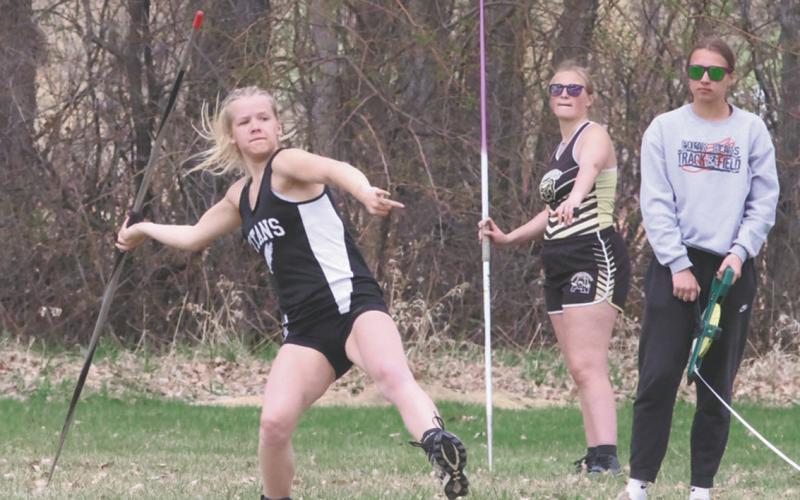 DVE senior Alyssa Hoyles prepares to launch the javelin during Saturday's track meet, winning the day with a distance of 106' 4” Photo by Jamie Rarick
