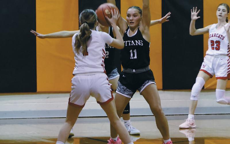 DVE senior Jacey Nelson attempts to block North Star's Ashley Nikolaisen. Photo by Jamie Rarick