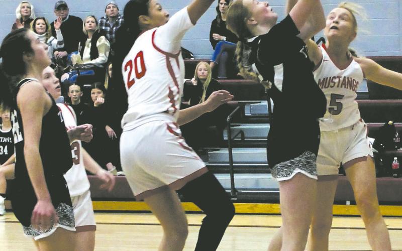 DVE freshman Peyton Larson goes up for the shot against Midway-Minto defenders. Photo by Jamie Rarick