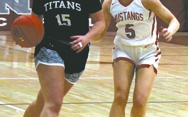 DVE senior Aleah Pokrzywinski moves the ball down court while being guarded by Midway-Minto senior Bre Hurt. Photo by Jamie Rarick