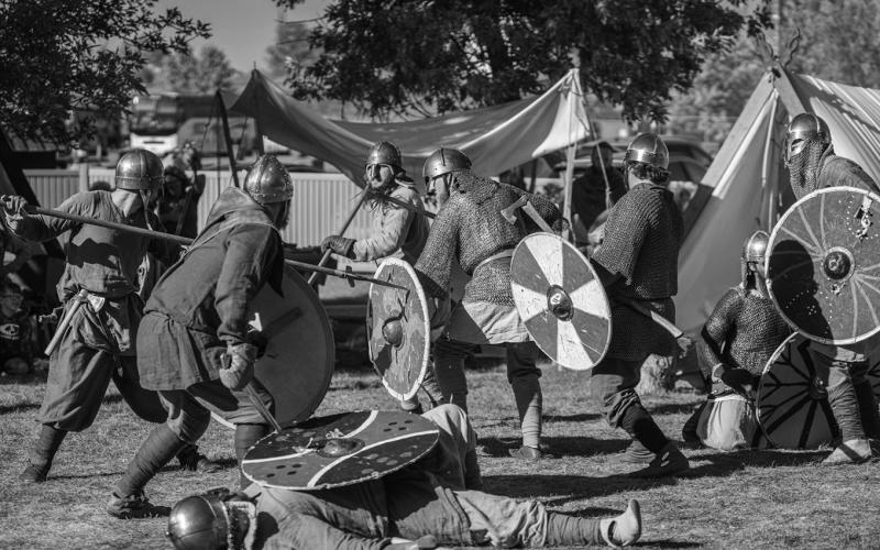 Armored warriors face each other in a battle demonstration at the Norsk Høstfest in Minot in 2024. (Photo courtesy of Visit Minot/ND Tourism)