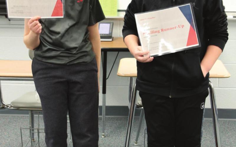 Top two spellers Loki Sylskar and Kourtland Smith. Photo submitted by Drayton Public School