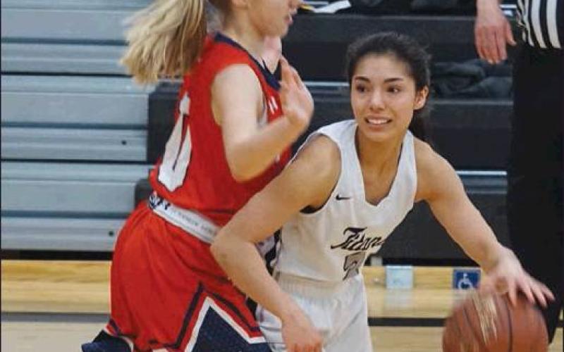 Grace Kertz tries to finda way past the defense in action against MPCG in Drayton last week. VNV Photo by Lyle Van Camp