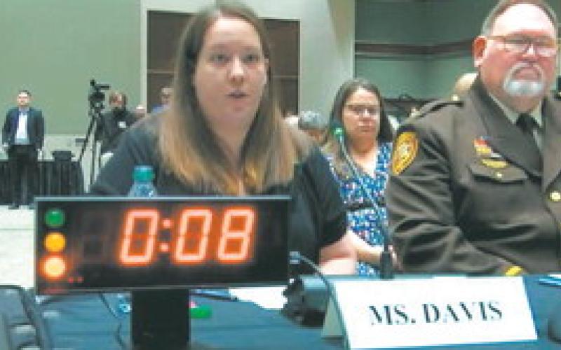 Rebecca Davis of Walhalla sharing her testimony at the subcommittee hearing in Grand Forks. (Screenshot from House Judiciary GOP livestream)