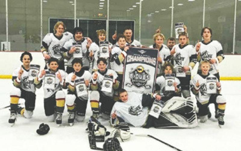 Members of the North Stars PeeWee A team that won the Bdubs shootout in Grand Forks Feb. 3-5 include front, laying, goalie: Ben Schatz. Row 2: (L to R) Brody Suda, Bennett Kennedy, TJ Bjorneby, Luke Heidt, Jorgen Olson, Jonathan Presteng. Standing: (L to R) Wyatt Schrank, Thomas Aasand, Cameron Fraser, Luke Beneda, Landon Corrick, Chey Sehrt, Garret Thompson, Gray Lindell, Noah Suda. Not pictured, Coaches: Matt Olson, David Olson, Jered Monsebroten.
