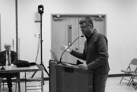 Josh Dukart, a rancher in Oliver County, testifies to lawmakers about his mixed experience with infrastructure companies on his family’s land during a Feb. 26 meeting of the interim Energy Development and Transmission Committee. Photo by Jacob Orledge/North Dakota Monitor