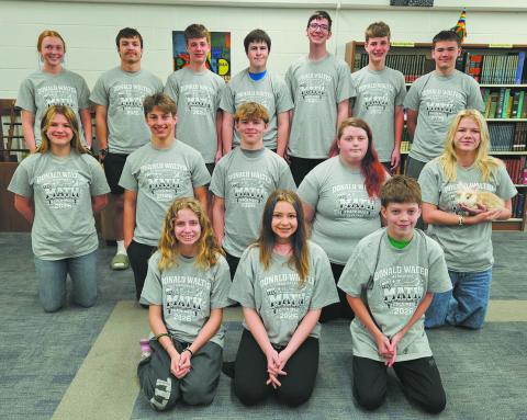 Students who competed in the Don Walter Memorial Math Track Meet in March received their earned rewards last week, as t-shirts arrived in their individual sizes. Back: Peyton Larson, Trenten Keena, Cameron Gunderson, Loki Sylskar, Jonah Rarick, Carsen Gunderson, Max Foss-Pokrzywinski Middle: Violet Hoyles, Carter Johnson, Shawn Patterson, Stephanie Kissee, Alyssa Hoyles (Holding “Team Mascot” Grogu) Front: Ruthie Rarick, Lana Kalka, Nicholas Passa. Photo by Jamie Rarick