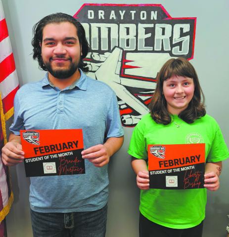 Brandon Martinez, junior and Liberty Bishop, fifth grade, were both named February Students of the Month at Drayton Public School. Photo by Jamie Rarick.