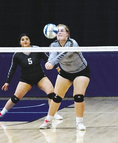Isabella Douville bumps the ball to a teammate againt the NB Eagles in Pembina Oct 27th. Photo by Larry Stokke.
