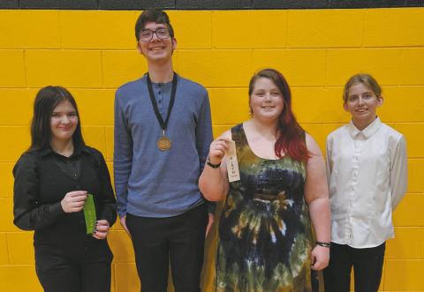 The Bombers speech team (L to R): Brooklynne Petersen, Jonah Rarick, Stephanie Kissee and Ruthie Rarick. Photo by Jamie Rarick