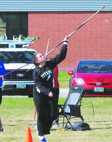 DVE senior Christine O’Toole launches the javelin during Tuesday’s competition at Cushman Field, earning a season best distance of 78’ 9”. Photo by Jamie Rarick